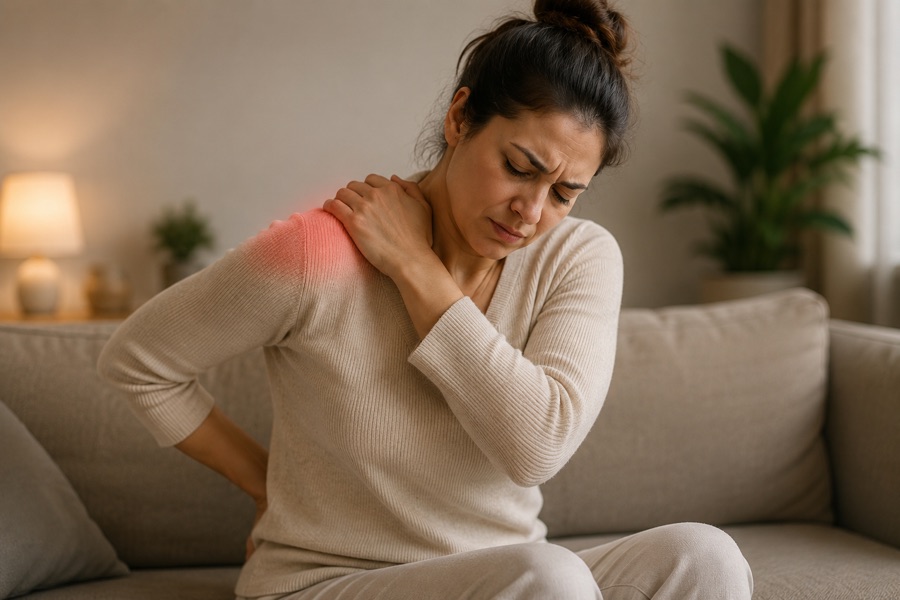 Mulher com dor no ombro e nas costas, sintoma comum da fibromialgia