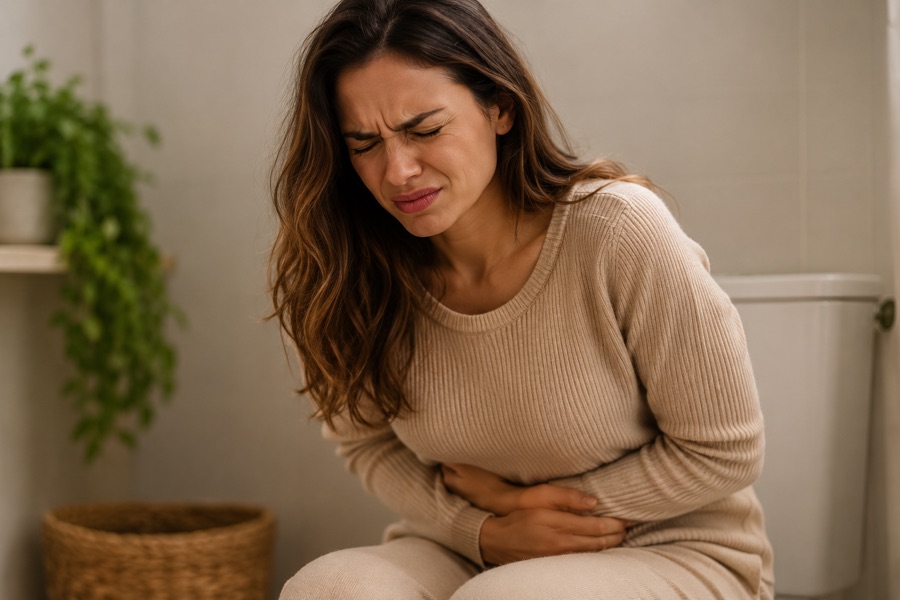 Mulher com desconforto abdominal, sintoma de síndrome do intestino irritado