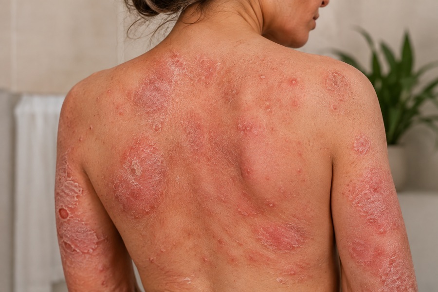 Pele com sinais de psoríase ou dermatite no braço