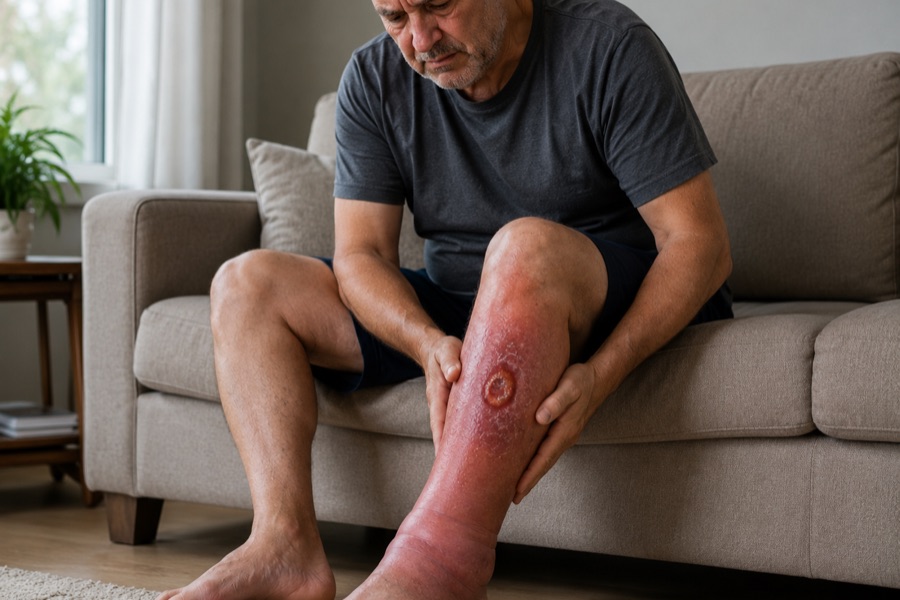 Homem com ferida inflamada na perna